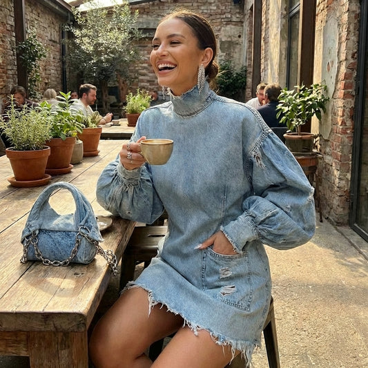 Valerya Vintage Denim High-Neck Dress