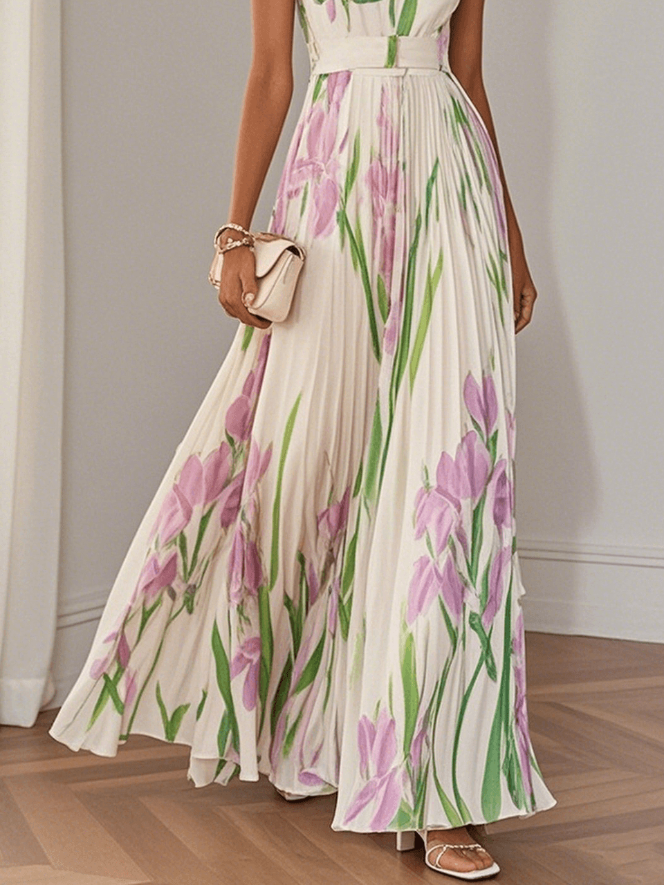 White Pleated Floral Chiffon