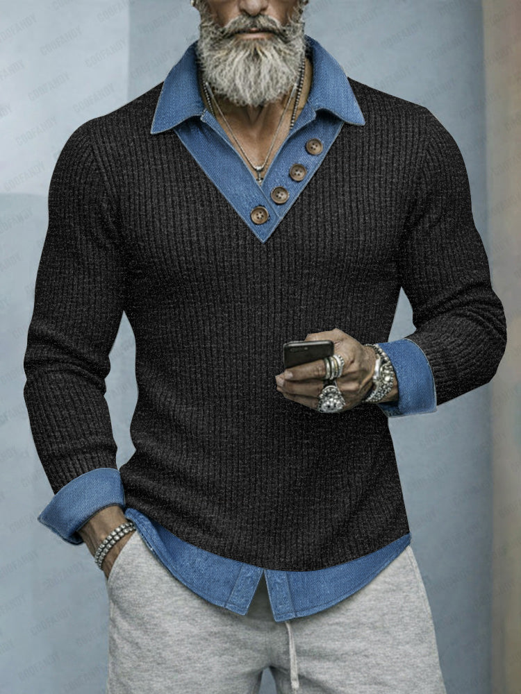 Stylish Denim Patchwork Fake Two-Piece Knit Shirt