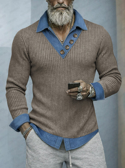 Stylish Denim Patchwork Fake Two-Piece Knit Shirt