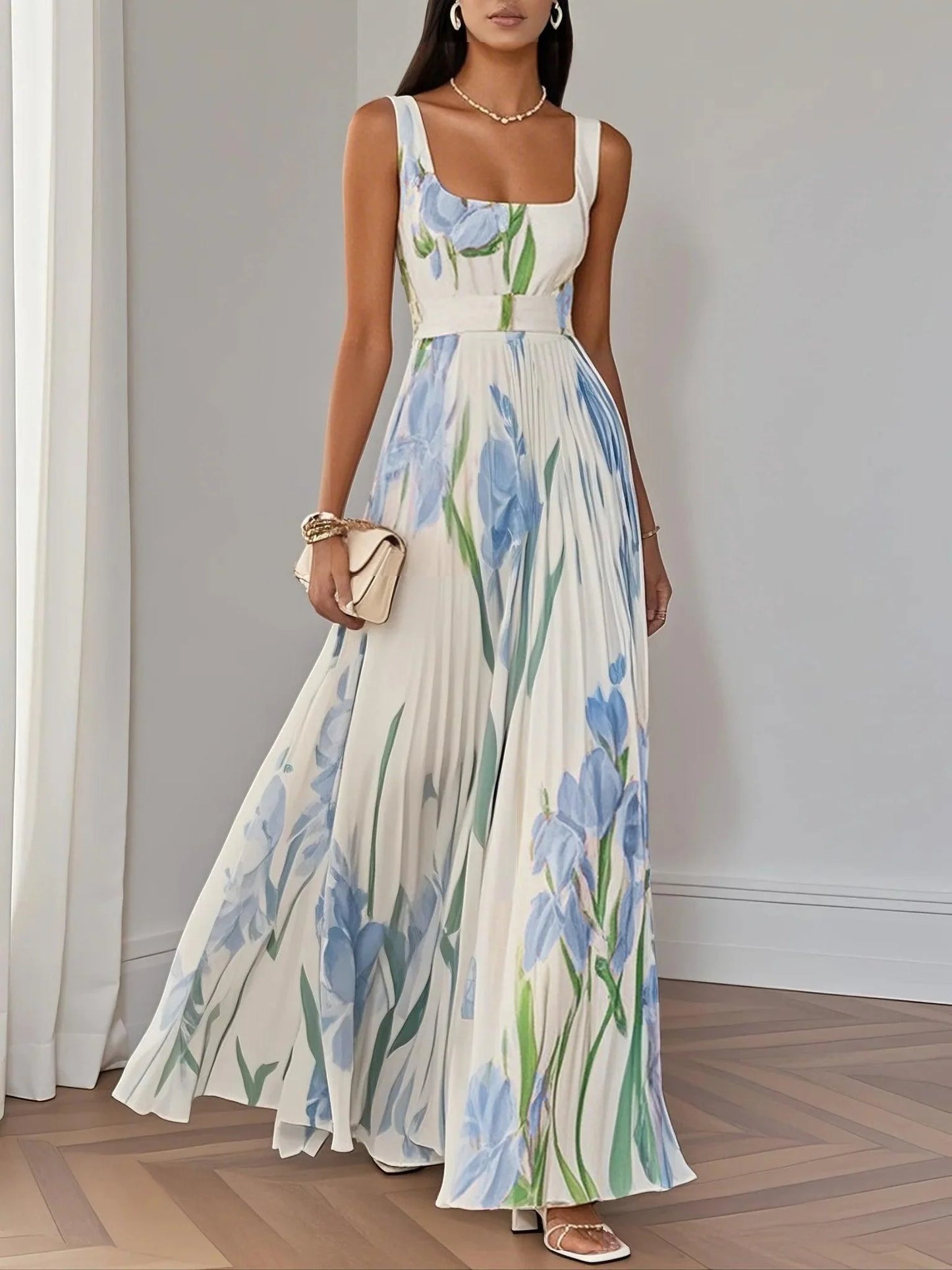 White Pleated Floral Chiffon