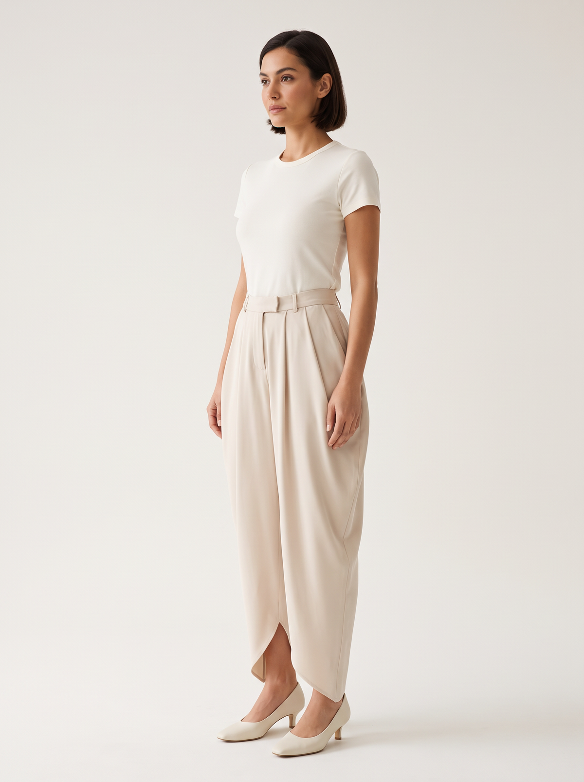 Sienna Draped Pants — BEIGE — three-quarter side view