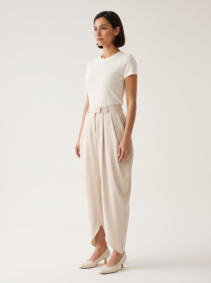 Sienna Draped Pants — BEIGE — three-quarter side view