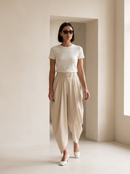 Sienna Draped Pants — BEIGE — editorial lifestyle